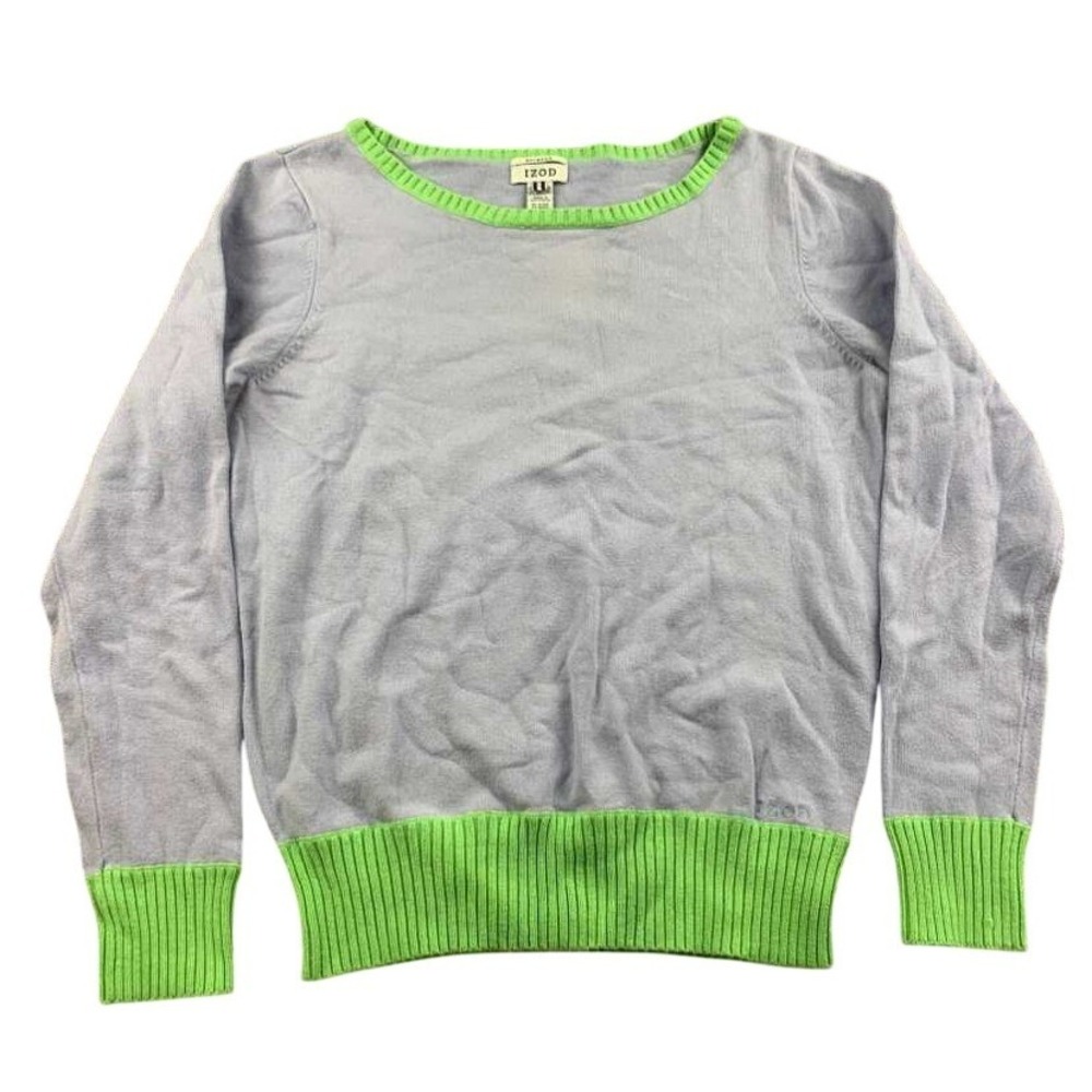 Vintage Izod Sweater Women M Purple Green Trim Striped Cotton Australia Made 90s